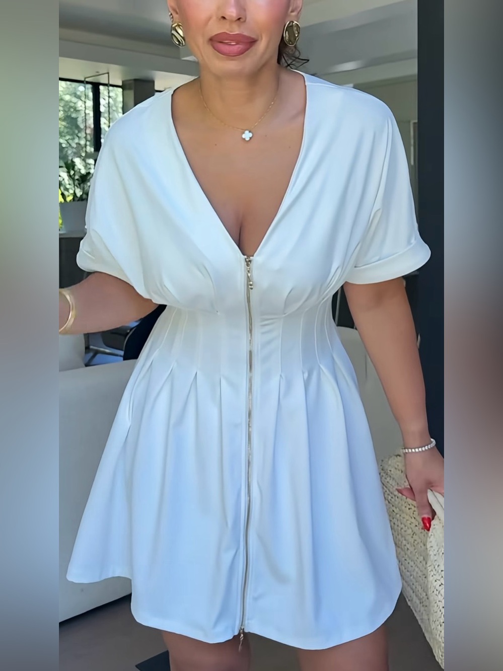 V-Neck White Zip Mini Dress with Pleated Skirt built in shapewear